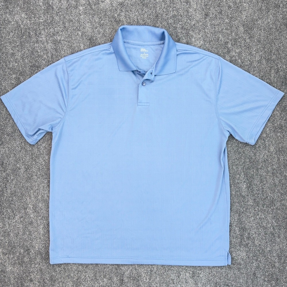 Marc Edwards Polo Shirt Mens L Light Blue Checkered Short Sleeve Golf Casual Top